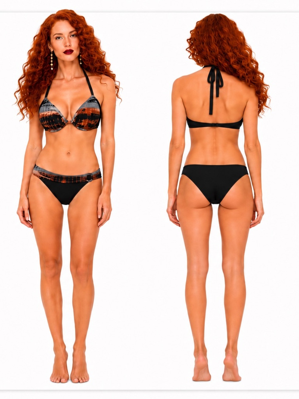 Skye Underwire Bikini Set L Black Gray Bronze Abstract Print Halter Swim